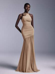 SHEIN Belle Elegant High Neck Floral Bodice Ruched Mesh Sheer Fishtail Bridesmaid Dress - Khaki - View 5