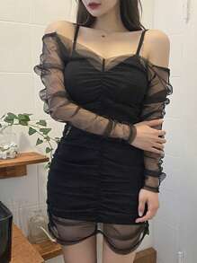 DAZY Mesh Patchwork Sleeveless Short Bodycon Dress,Mini Dress - Black - View 7