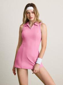 CourtClass Yoga Activewear Stretchy & Skin-Friendly Anti-Flashing With Pockets Polo Collar Sports Tennis Dress Athletic Dress - Baby Pink - View 5