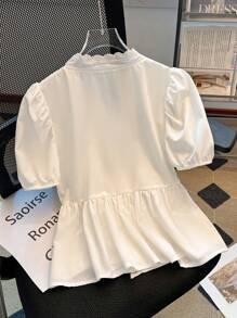 Chiquease Women's Simple Solid Color Puff Sleeve Elegant Blouse - White - View 2