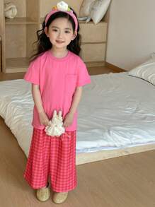 Dazy Kids 年轻女孩简约纯色短袖上衣和格子长裤家居服套装 - 玫紅色 - 查看 5