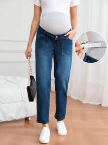 SHEIN Maternity Casual Washed Color Block High Waist Denim Jeans - Dark Wash - View 1