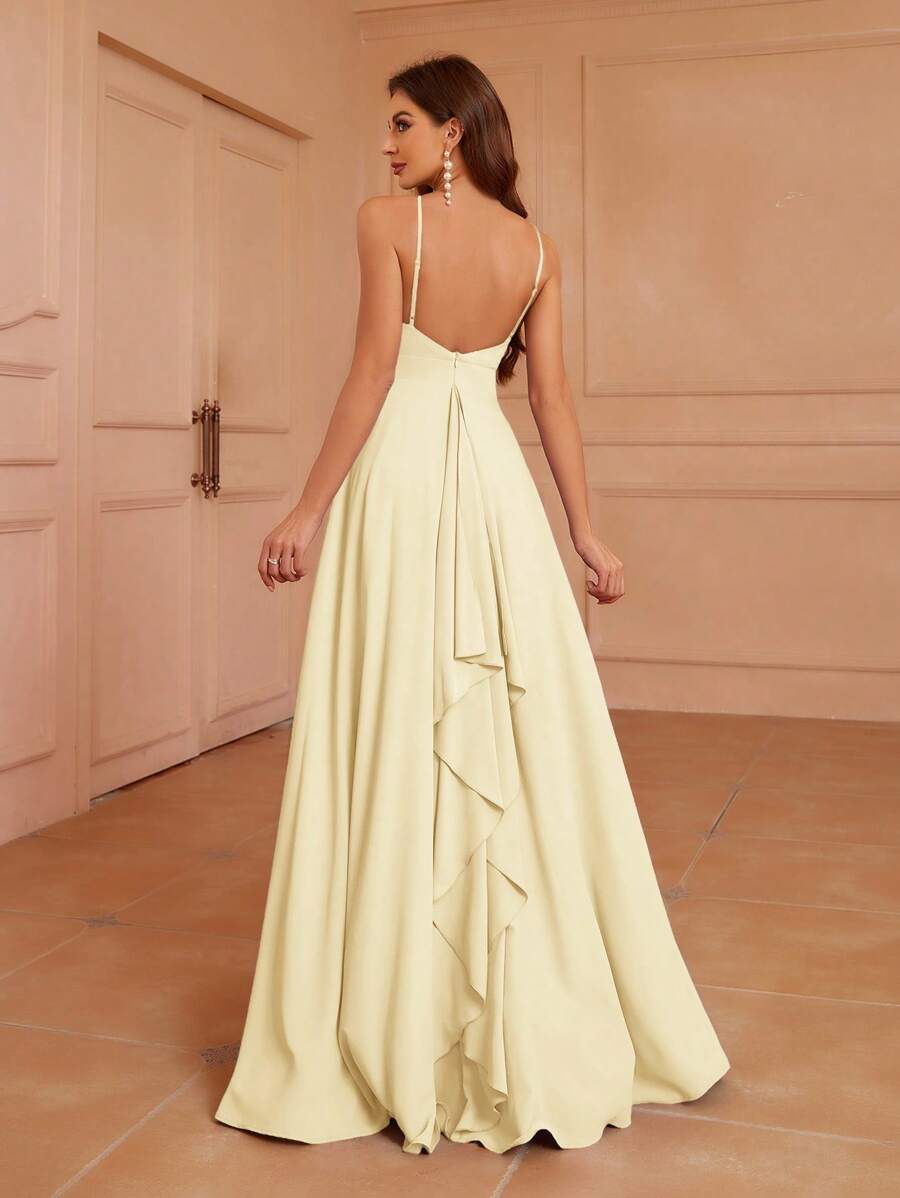 Aureia 挂脖领、低背、褶皱腰、 A 字形轮廓、不对称荷叶边后背伴娘礼服（成人） - 黃色 - 查看 1