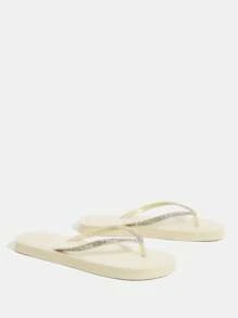 时尚浅棕色闪光材料平底舒适高弹力人字拖，适合居家、海滩、度假和各种场合，女鞋