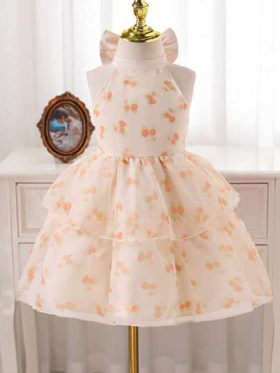 SHEIN Glamorique Kids 女童网眼印花挂脖连衣裙，后背带可拆卸蝴蝶结