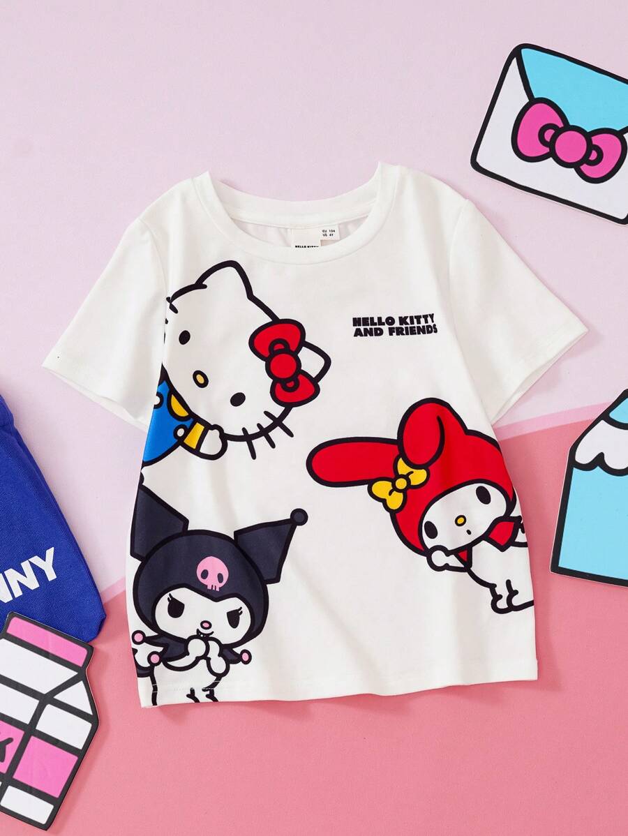 HELLO KITTY AND FRIENDS | SHEIN 年轻女孩四季休闲可爱卡通图案白色 T 恤