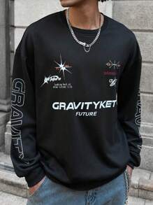 PAVTROS Sudadera casual de cuello redondo con estampado de letras para hombre - Negro - Ver 4