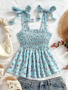 SHEIN WYWH Women Summer Vacation Blue Allover Floral Print Tie Shoulder Ruffle Hem Peplum Cute Lunch Casual Back To School Top