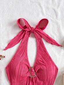 Soleia 休闲颈部系带金属扣修身不对称下摆短款上衣 - 玫紅色 - 查看 6