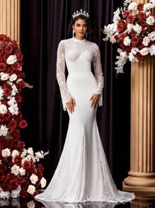 Glamrae Elegant Luxurious Lace Patchwork Elastic Knit Sheer Long Sleeve Bodycon Mermaid Dress, Suitable For Wedding, Party, Honeymoon, Bridal, Bride - Beige - View 1