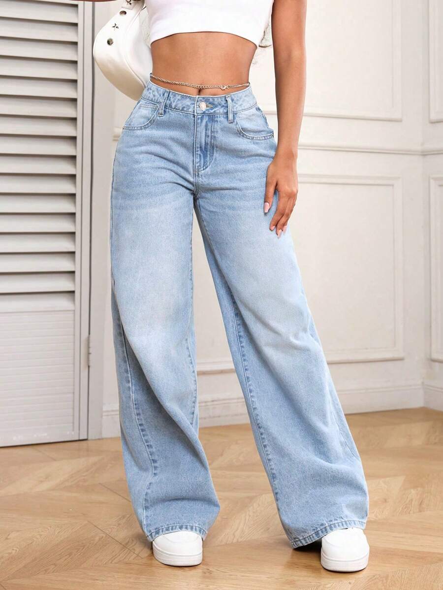 SHEIN PETITE Casual Washed Loose Straight-Leg Denim Jeans Y2k - Light Wash - View 1