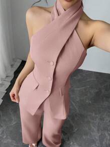 Modelyn Women Solid Color Single-Breasted Halter Top And Flared Pants Elegant 2 Pieces Set,Business Casual Woman