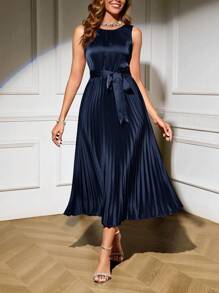 SHEIN Clasi Sleeveless Midi Solid Color Pleated Waist Dress For Women, Elegant,Summer Dresses For Women - Navy Blue - View 3