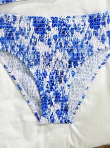 2pcs Set Teen Girl Retro Floral Print Bikini Swimsuit Set - Blue and White - View 5