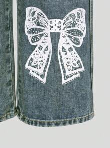 SHEIN Explorewe Tween Girls Vintage Blue & White Bowknot Print Distressed Loose Wide Leg Washed Jeans - Blue - View 4