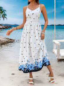 SHEIN LUNE Women's Casual Butterfly Print Strap Mid-Calf Dress - Multicolor - View 1