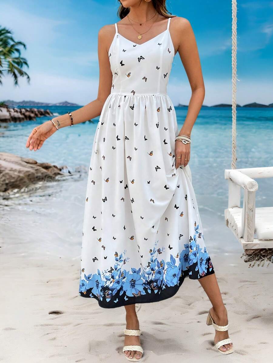 SHEIN LUNE Women's Casual Butterfly Print Strap Mid-Calf Dress - Multicolor - View 1