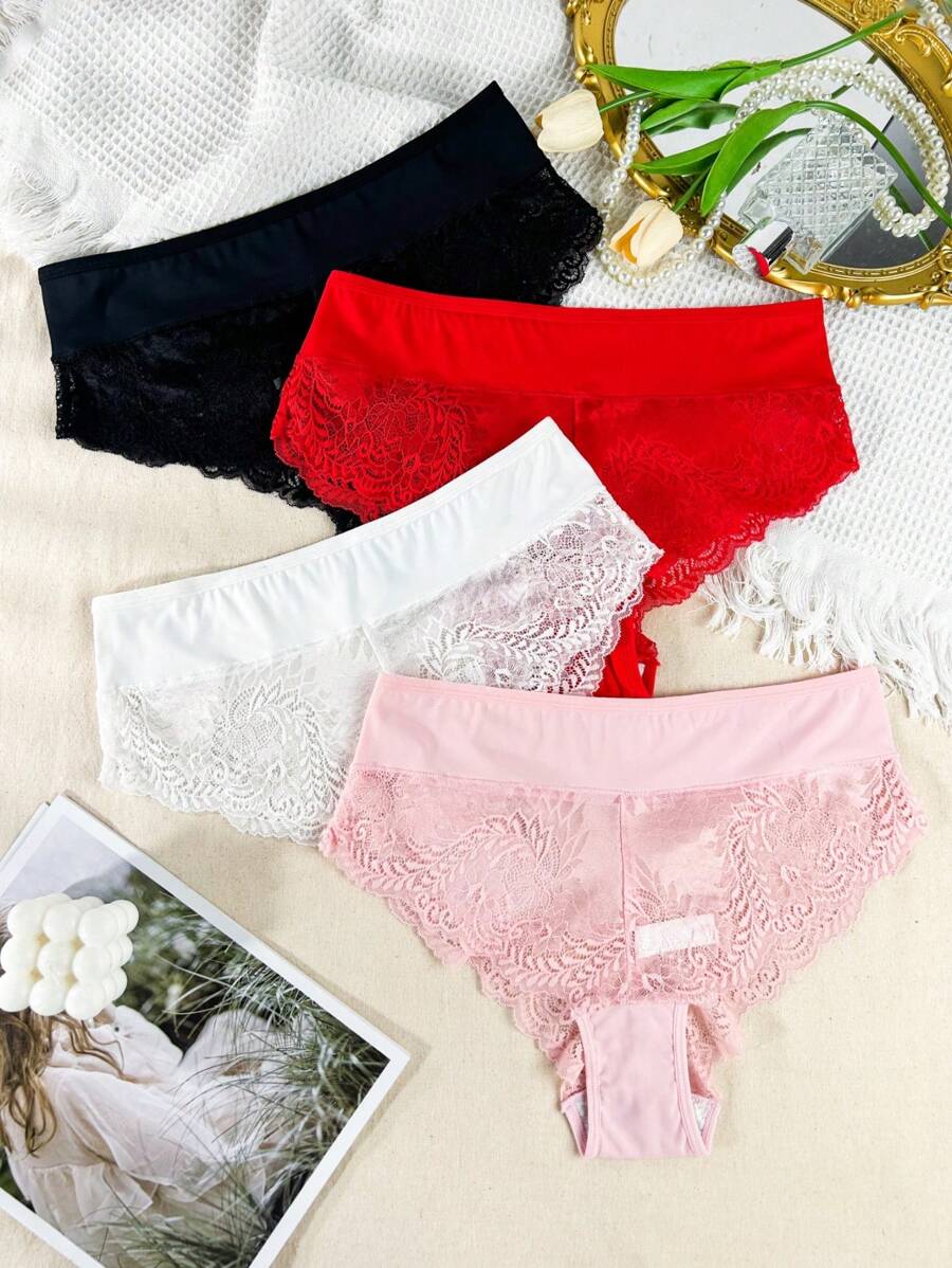 4pcs Plus Size Women's Fashion Lace Patchwork Triangle Panties - Multicolor - View 1