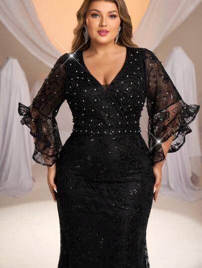 Glamrae 大码莲花粉色串珠和水钻蕾丝荷叶边袖鱼尾礼服，优雅适合舞会、舞会和宴会