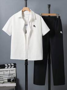 2 件套休闲青少年男孩绅士衬衫和裤子套装，简约时尚，适合春夏日常穿着、学校活动、生日派对 - 彩色 - 查看 1