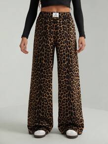 SHEIN Tall Pantalones de estar por casa informales con estampado de leopardo para mujer