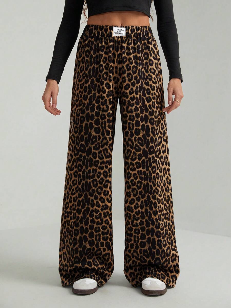 SHEIN Tall Pantalones de estar por casa informales con estampado de leopardo para mujer