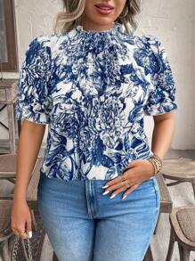 SHEIN LUNE Plus Size Women Striped Floral Ruffle Collar Shirt - Blue - View 4