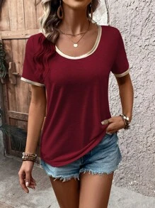 EMERY ROSE Women's Casual Round Neck Short Sleeve Loose Fitting T-Shirt - Red - View 3
