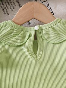 Baby Girl's Korean Fashion Round Neck Floral Ruffle Half Sleeve Knit Solid Rib Top, Summer