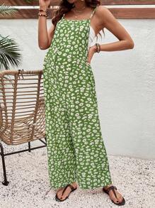 SHEIN 雏菊印花孕妇休闲阔腿连体裤 - 綠色 - 查看 4