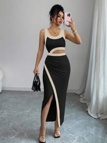 Selianne 不对称单肩短款上衣长裙，性感优雅