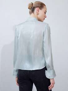 Aveloria Modichic Camisa elegante con cuello de volantes de textura traslúcida, manga larga y botones, ideal para fiestas y celebraciones para maestras - Verde - Ver 2