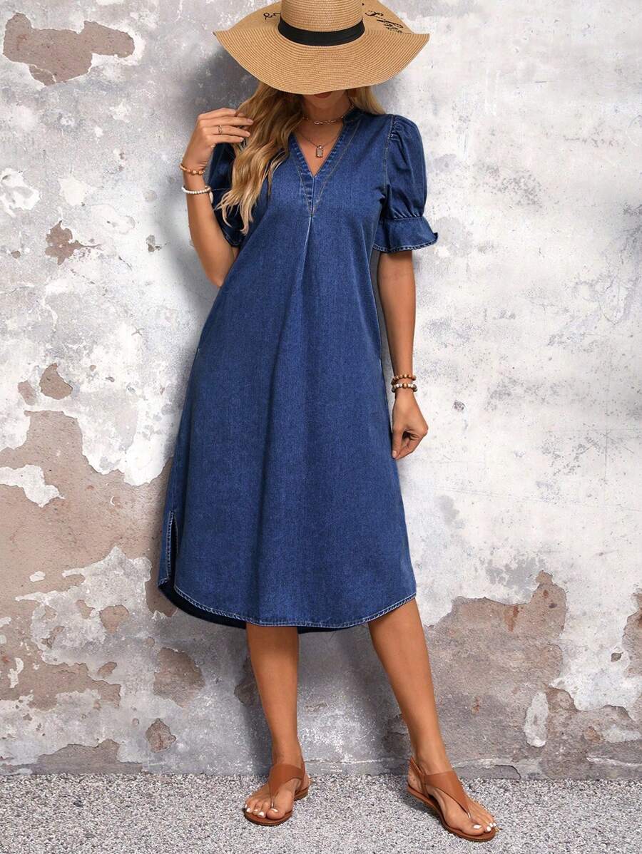 EMERY ROSE Ladies' Solid Color Simple Daily Short Sleeve Denim Dress - Dark Wash - View 1