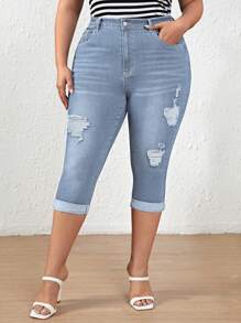 EMERY ROSE Plus Size Women Pockets & Distressed Short Skinny Casual Denim Jeans Autumn For Women Festival Capris For Women Elegant Ripped Jeans - Light Wash - View 8