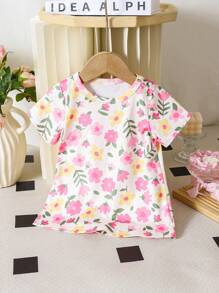 Newborn Baby Girl Nightgown, Round Neck Short Sleeve Floral Print Knitted Dress For Spring And Summer - Multicolor - View 3