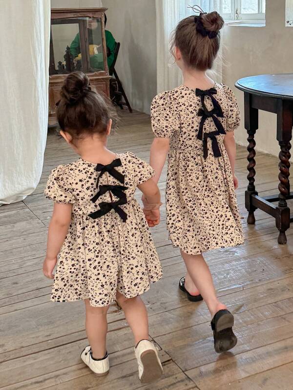 LMoss Kids LMoss   Baby Girls' Woven Ditsy Floral Round Neck Ruffle Sleeve Fitted Casual Dress