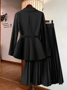 Franclia 大码纯色前扣口袋长袖上衣和 A 字裙 2 件套 - 黑色 - 查看 2