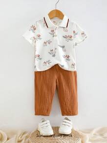 Cozy Pixies 2pcs Baby Boy Cartoon Animal Print Polo Collar Short Sleeve Pullover Top And Elastic Waist Pants Set