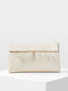 MOTF PREMIUM WOMEN'S SQUARE FAUX FEATHER CLUTCH BAG - Beige - View 2