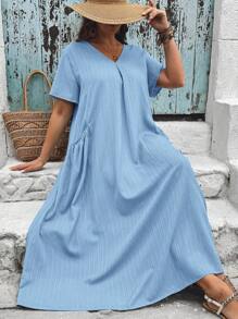 SHEIN VCAY Vestido de verano holgado con bolsillo para mujer de talla grande - Celeste - Ver 4