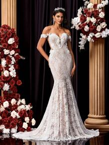 Glamrae White Spring Elegant Formal Wedding Mermaid Maxi Dress,Luxurious Embroidered Lace Applique Off-Shoulder Stretchy Backless Long Tail Bridal Bride Gala - Beige - View 6