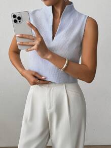 RiviMae Áo sơ mi kẻ sọc vải lanh không tay thanh lịch dành cho nữ, mùa xuân/hè - Màu xanh lam - Xem 3