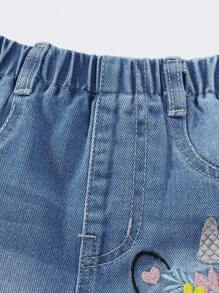 Denimly Baby Girls Casual Urban Cute Light Wash Unicorn Floral Embroidered Denim Shorts With Elastic Waistband And Ruffle Hem - Light Wash - View 5