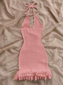 Soleia Vacation Halter Neck Backless Ruffle Hem Knit Dress - Pink - View 2