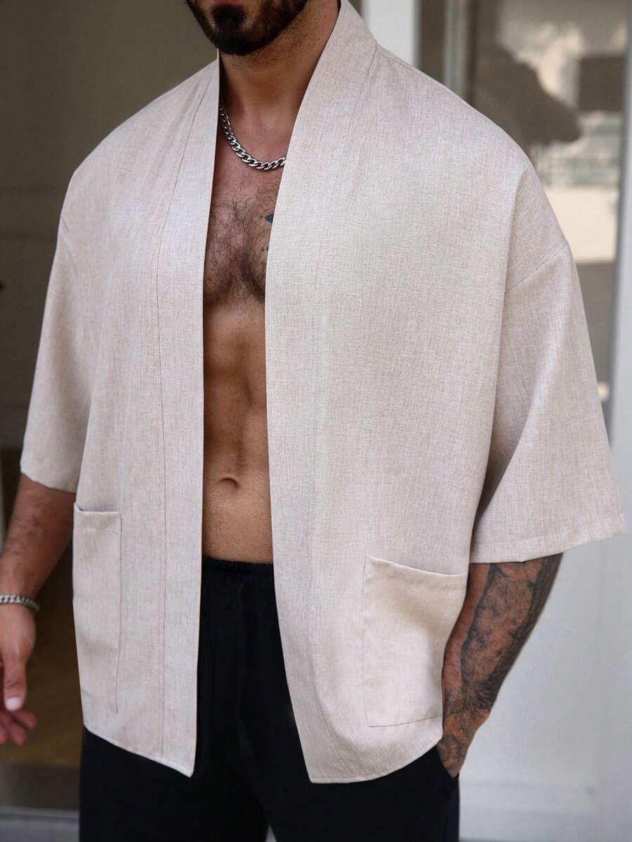 Manfinity Homme Men's Short Sleeve Casual Kimono Shirt, Minimalist Fashionable Design Suitable For Summer Men Linen Men Linen Linen Men - Apricot - View 1