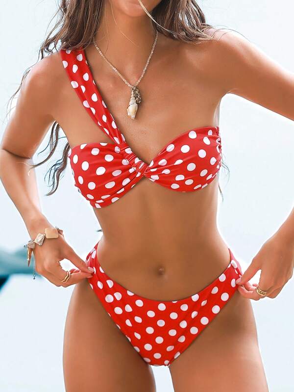 Swim Mod Maillot de bain deux pièces moulant, décontracté, avec impression de pois pour femme, sexy avec une seule épaule, idéal pour les vacances
