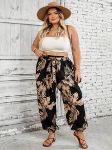SHEIN CURVE+ Plus Size Women's Summer Tropical Print Paper Bag Waist Carrot Sports Jogger Pants, Beach Boho Vacation - Multicolor - View 8