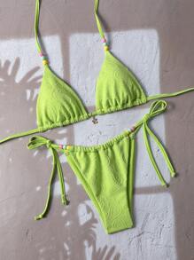 SHEIN Swim Simple Solid Color Halter Spaghetti Strap Triangle Bikini Top And V-Shape Swim Bottom 2 Pieces Swimwear For Summer Beach Vacation - Green - View 2