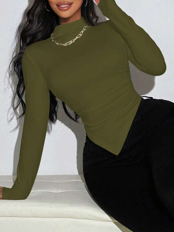 Zolique Casual Solid Color Stand Collar Gathered Asymmetric Hem T-Shirt