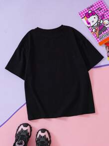 HELLO KITTY AND FRIENDS | SHEIN 青少年女孩卡通图案黑色休闲百搭短袖 T 恤 - 黑色 - 查看 7